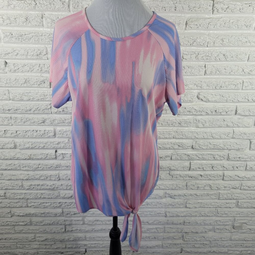 C'est La Vie Women 1X Pink Blue Watercolor Tee Short Sleeve Tie Hem‎ Crew WAT56E